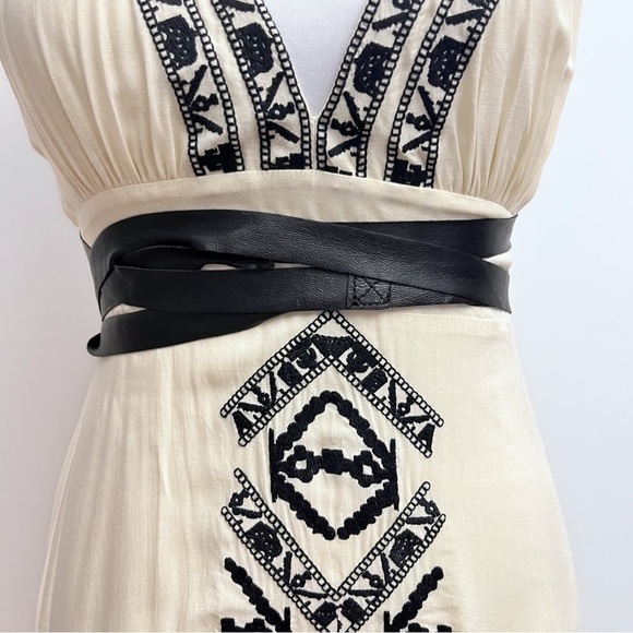 Twelfth Street Edgy Boho Leather Strappy Embroidered cream Cascading Maxi Dress - Picture 4 of 14